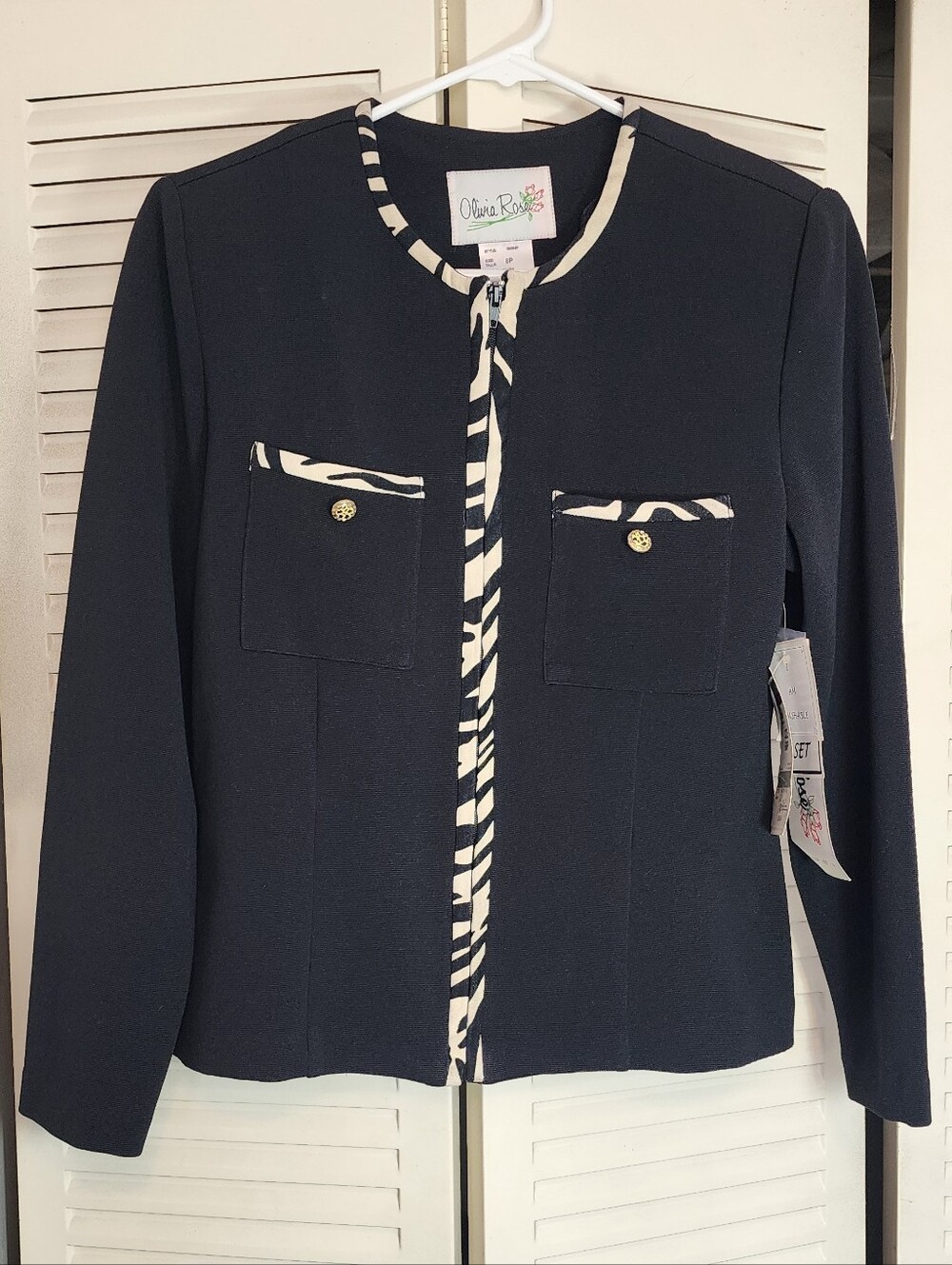 Olivia Rose dress jacket black sz 6P front pockets full zip black &white piping